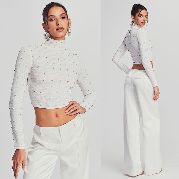 NWT RETROFETE Crystal Embellished Ruched Chiffon Mockneck Long Sleeve Crop Top S - Picture 1 of 8